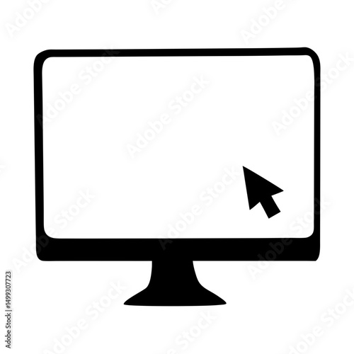 Simple Computer Monitor Icon with a Cursor in Black and White