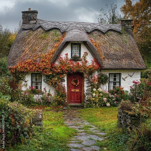 Quaint white cottage with thatched roof and green shutters sits along narrow country road bordered by hedges. Generative by AI.