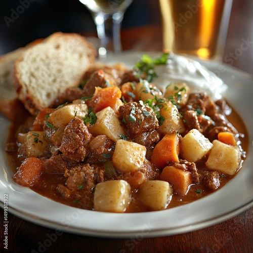 Plate of hearty beef stew with carrots, potatoes, peas and parsley served with sliced bread on wooden table. Generative by AI.