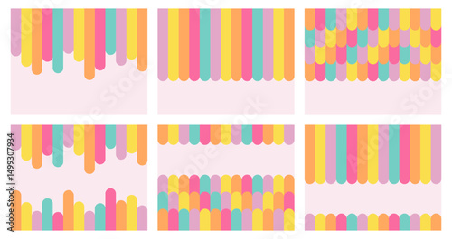 Set of groovy comic ice cream, сhildren's birthday background in retro style, postcard with hand drawn colored rainbow striped. Flat abstract texture. Vector EPS10