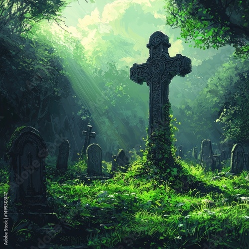Old stone graveyard with tall Celtic cross in lush green setting surrounded by dense foliage and headstones. Generative by AI.