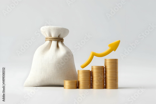 A money bag and stacked coins with a rising yellow arrow symbolize financial growth and investment success.