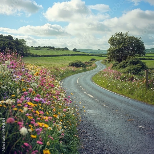 Narrow wet country road winds between flowering meadows, bordered by trees and wooden fences under an overcast sky. Generative by AI.