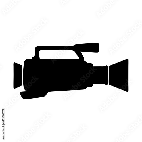 Black and white illustration of a professional camcorder in silhouette