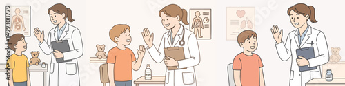 Collection of young female doctors welcoming child patients with clipboard in hand style vector flat design