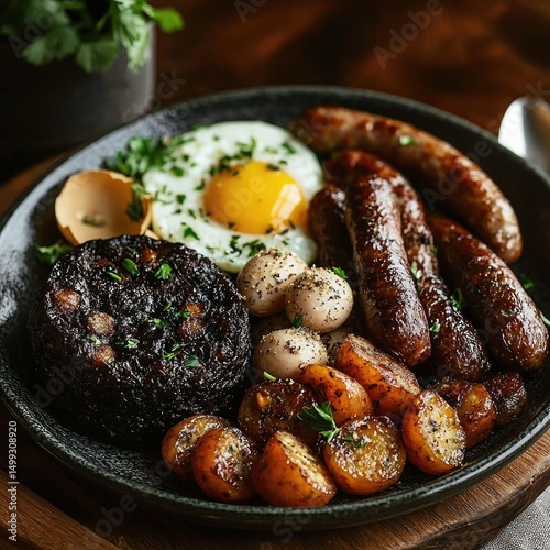 Iron skillet filled with eggs, sausages, black pudding, herbs, and fried items arranged in a hearty breakfast setting. Generative by AI.