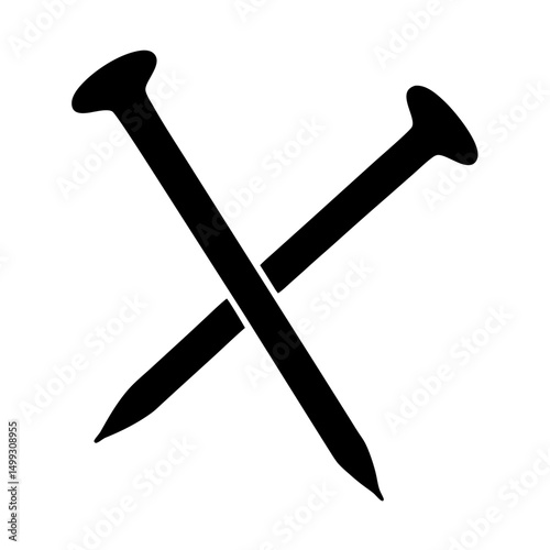 Crossed Silhouette of Two Metal Nails for Construction or Carpentry Work