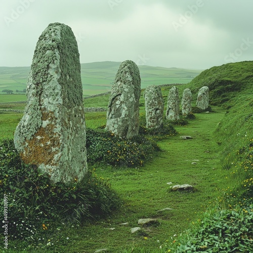 Ancient upright stone monoliths aligned in grassy field with yellow wildflowers under misty hills. Generative by AI.
