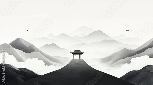 Traditional Chinese Pavilion Minimalist Ink Painting with Curved Roads and Mountains in Mist, Zen Minimalism, Ink Wash Effect, High Resolution, High Definition