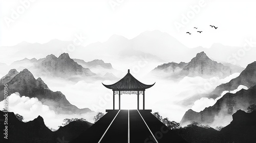 Traditional Chinese Pavilion Minimalist Ink Painting with Curved Roads and Mountains in Mist, Zen Minimalism, Ink Wash Effect, High Resolution, High Definition