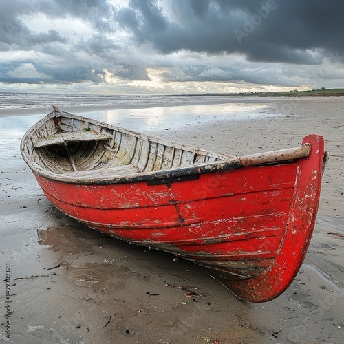 Empty wooden boat rests on sandy beach under blue sky with dunes and distant hills in background. Generative by AI.