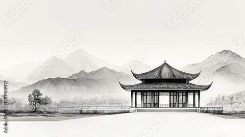 Traditional Chinese Pavilion Minimalist Ink Painting with Curved Roads and Mountains in Mist, Zen Minimalism, Ink Wash Effect, High Resolution, High Definition