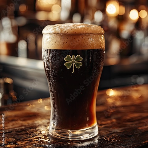 Pint glass filled with dark beer on wooden table, featuring shamrock emblem, in softly lit pub interior. Generative by AI.