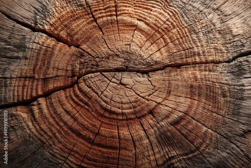 Close up of a freshly sawn tree trunk showing the annual rings and natural cracks, creating an interesting and organic pattern, detailed textures and warm colors.