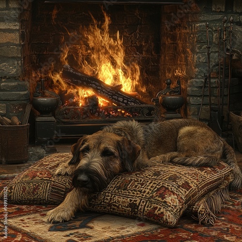 Light-colored dog lies on patterned cushion in front of brick fireplace with burning logs inside cozy room. Generative by AI.