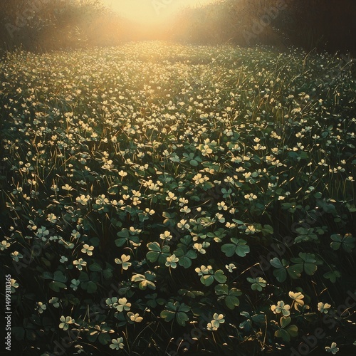 Field filled with clover and white flowers illuminated by low sunlight with trees in background. Generative by AI.
