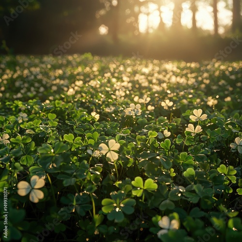 Field filled with clover and white flowers illuminated by low sunlight with trees in background. Generative by AI.