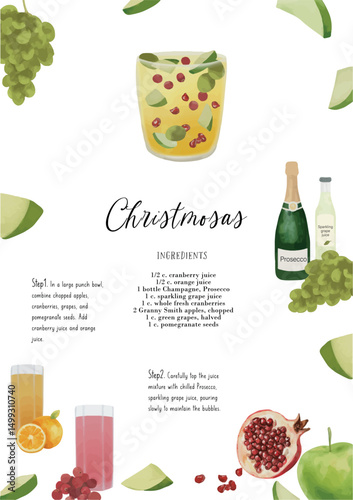 vector, cocktail recipe, Christmos punch, cocktail card, bar menu, cocktail, drink menu, for cocktail book, cocktail menu, alcoholic drinks, beverage, watercolor, bar cocktails 