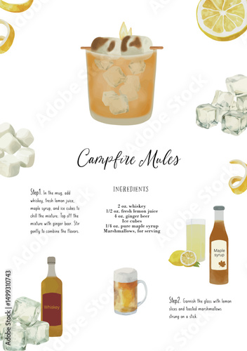 vector, cocktail recipe, Campfire Mules, cocktail card, bar menu, cocktail, drink menu, for cocktail book, cocktail menu, alcoholic drinks, beverage, watercolor, bar cocktails 