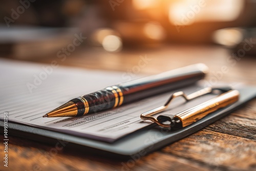 Close-up of an elegant pen resting on a document, on a wooden table with bright light, conveying a sense of professionalism and attention to detail in business settings.