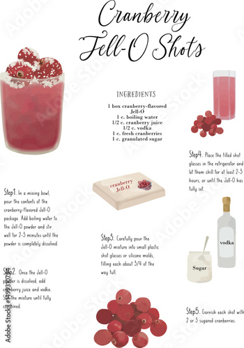 vector, cocktail recipe, Cranberry Jell-O Shots, cocktail card, bar menu, cocktail, drink menu, for cocktail book, cocktail menu, alcoholic drinks, beverage, watercolor, bar cocktails 