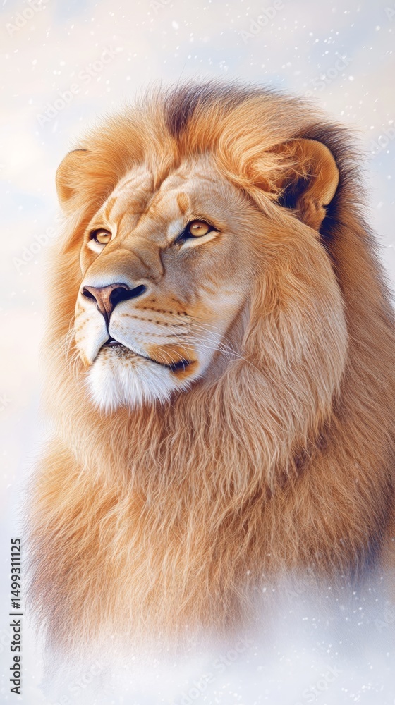 Fototapeta premium Majestic lion gazing into the distance with a serene expression in a soft light setting