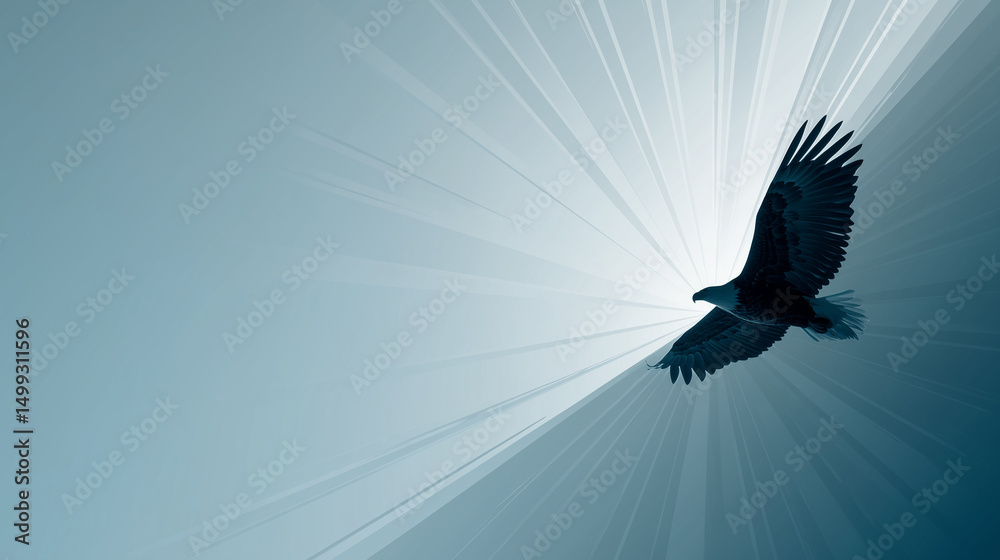 Fototapeta premium flat design of bold bald eagle silhouette flying with sunburst lines in background