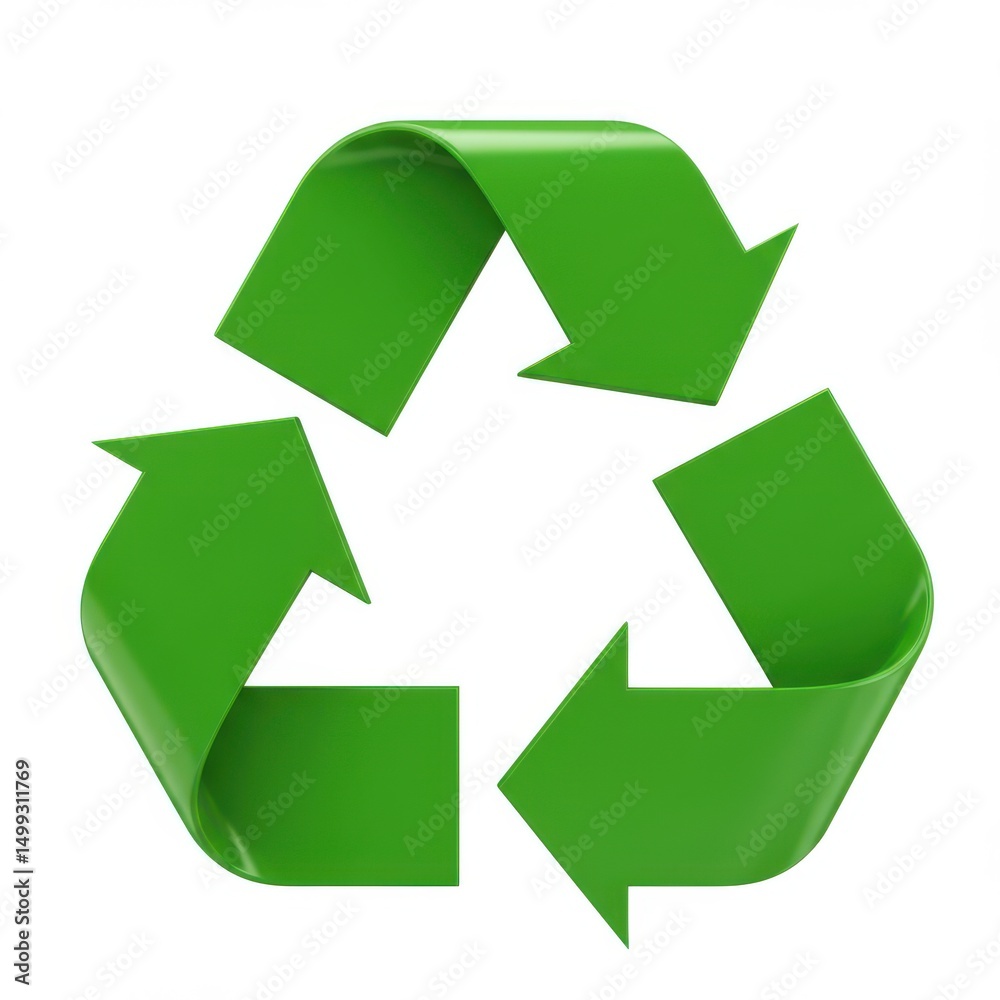 Obraz premium Green recycle symbol isolated on white background for environmental projects, packaging, and sustainability concepts.