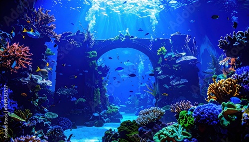 Mesmerizing Underwater Scene with Coral Reefs and Sunlight Beams Through Water