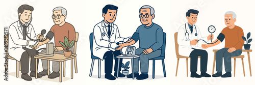 Collection of young male doctors checking blood pressure of elderly male patients (wearing white coats and stethoscopes) style vector flat design