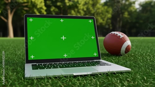 Laptop with Green Screen on Grass | Outdoor Football Nature Tech Scene