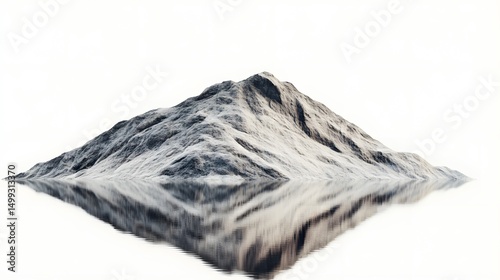 A mountain with snow on it is reflected in the water against a white background in a minimalist style