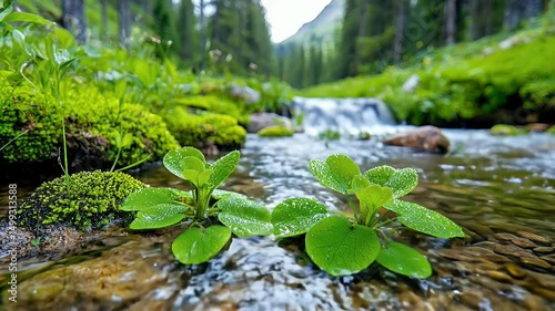 Plant growing by stream in forest
