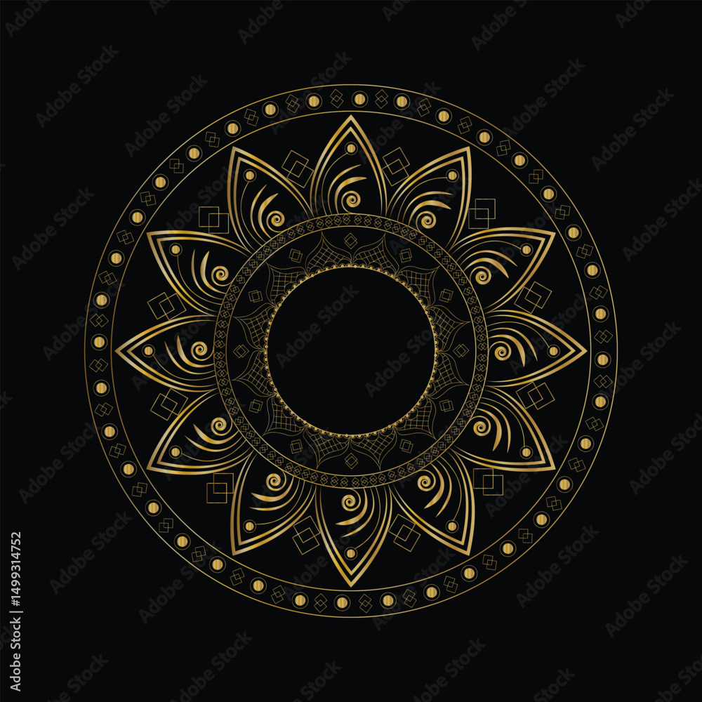 Fototapeta premium Intricate Golden Mandala with Floral Motifs and Geometric Patterns on Black Background Art