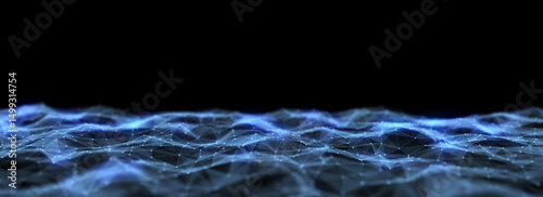Abstract technology wave of particles and lines. Big data visualization. Background with motion dots. Artificial intelligence.