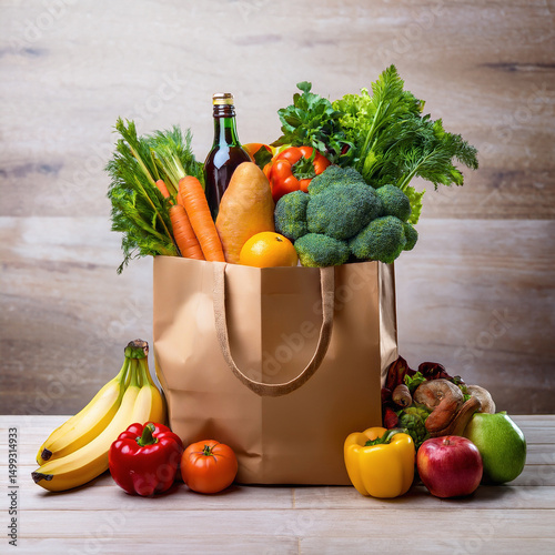 Healthy food overflowing from a full paper grocery bag