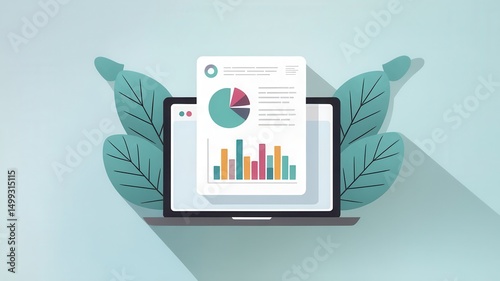 Digital data analysis on a laptop screen with decorative floral accent