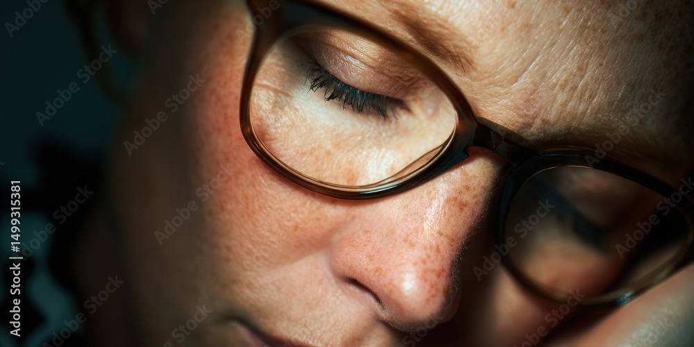 Fototapeta premium Overworked Woman with Glasses Experiencing Eye Strain and Fatigue at Night