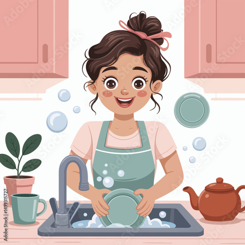Happy Girl Washing Dishes in Kitchen Sink