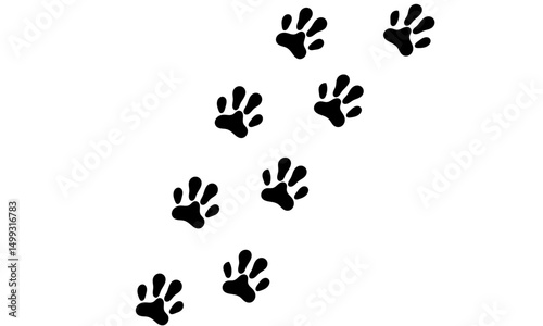 Black silhouette style cat footprint icons appear to be walking in sequence, creating a dynamic and cute impression, a visual suitable for pet themes, creative designs.