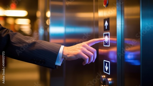 Hand pressing an elevator button.