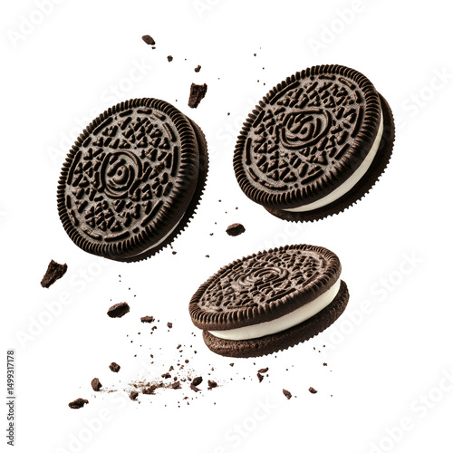 Three oreo cookies floating with crumbs on a black background in a studio food photography shot