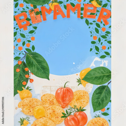 A poster with a blue background and a circle in the middle