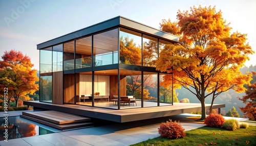 Modern architectural design house with autumn trees reflections in glass