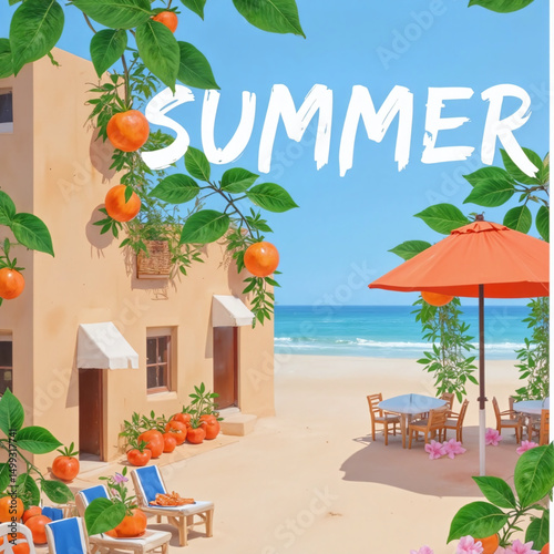 A beach scene with a house and an umbrella