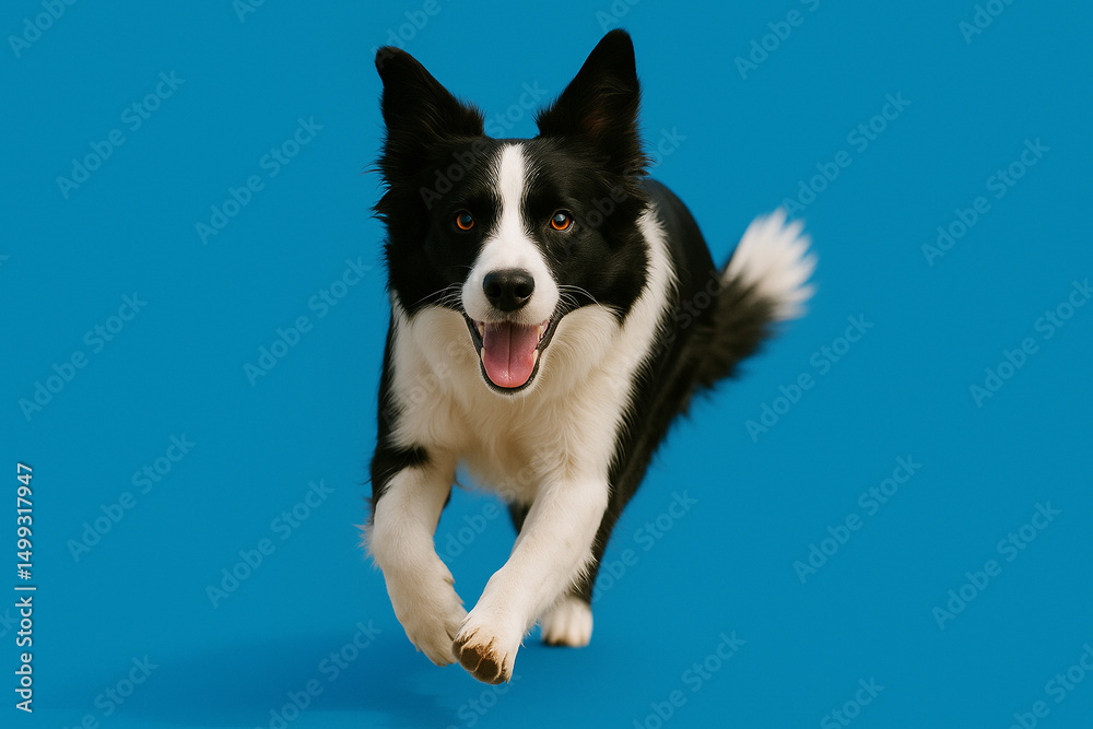 Fototapeta premium 青背景で走るボーダーコリー