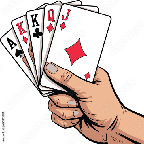 Hand Holding Royal Flush Playing Cards Illustration
