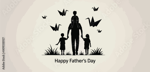 Happy Fathers Day Silhouette Family with Origami Cranes