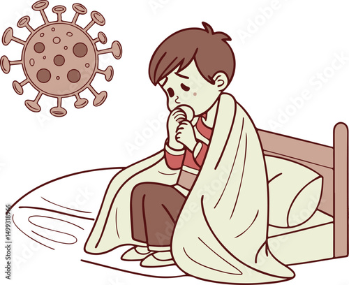 Sick Child with Virus Symptoms in Bed – Cartoon Illustration of Illness and Infection