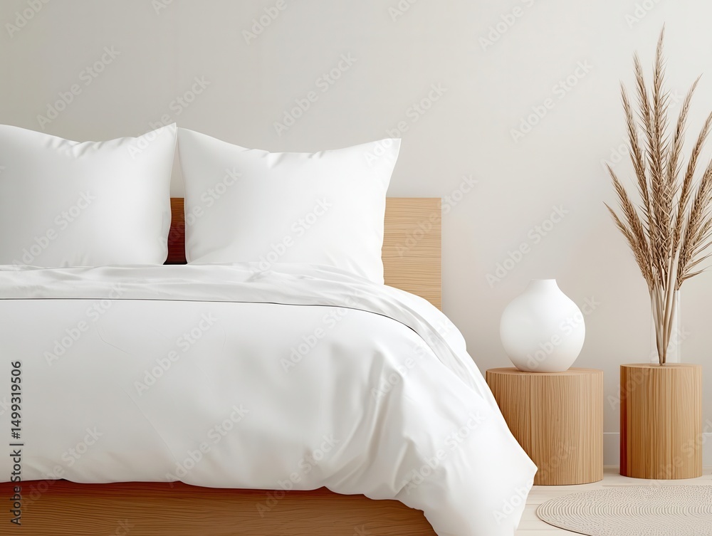 Obraz premium Neutraltoned Muji bedroom with a large window, soft cotton bedding, and elegant wooden decor